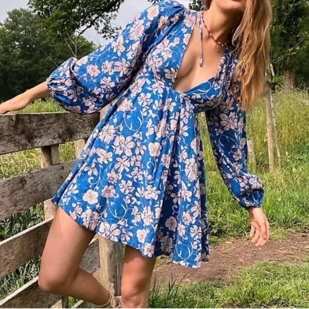 Free People Melia Printed Mini Dress – Floral Blue Pink